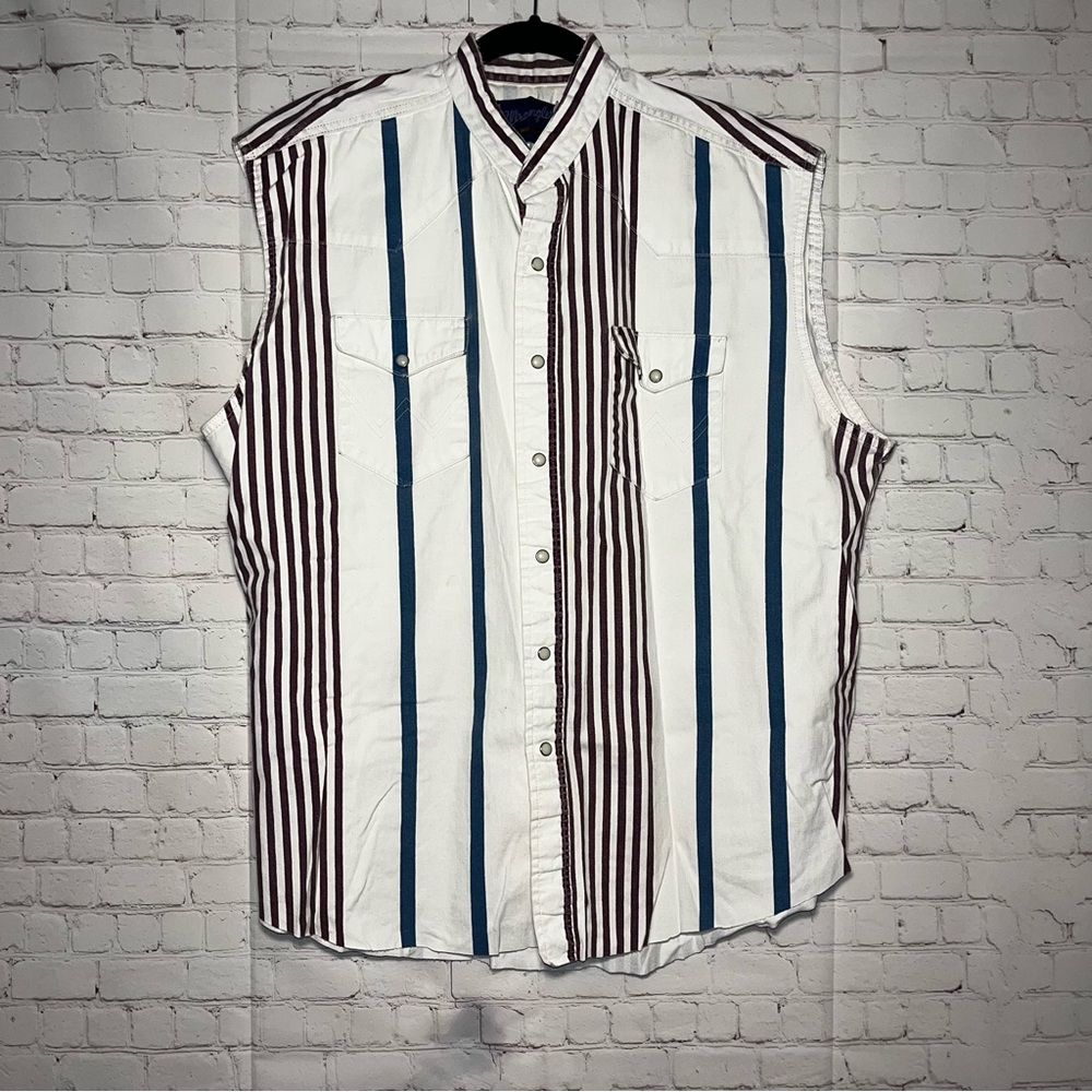 VTG Wrangler Striped Sleeveless Western Shirt Sz 17 1/2 X-Long‎ Tails White Blue